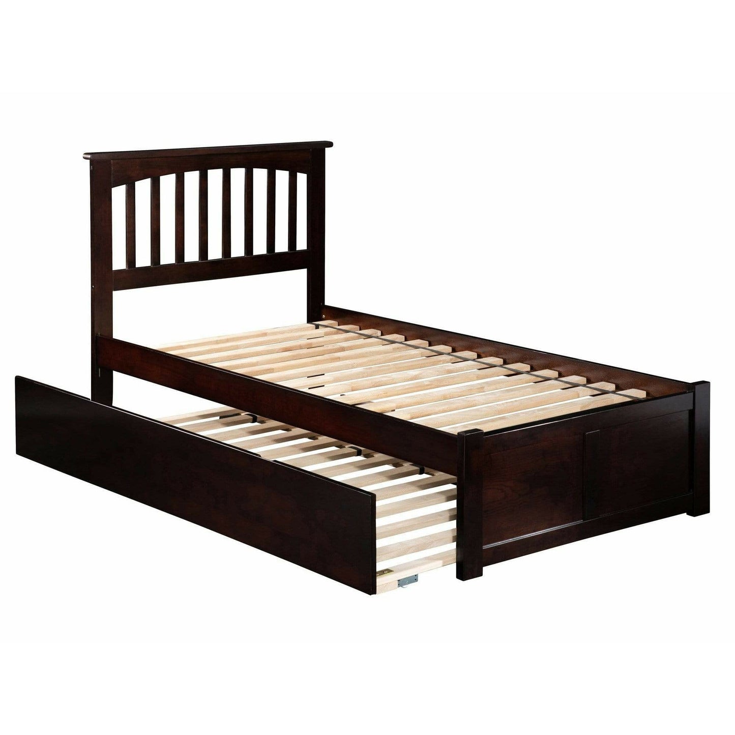 Atlantic Furniture Bed Mission Twin Platform Bed with Flat Panel Foot Board and Twin Size Urban Trundle Bed in Espresso