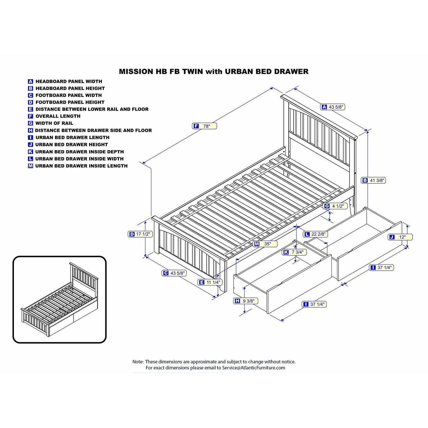 Atlantic Furniture Bed Mission Twin Platform Bed with Matching Foot Board with 2 Urban Bed Drawers in Espresso