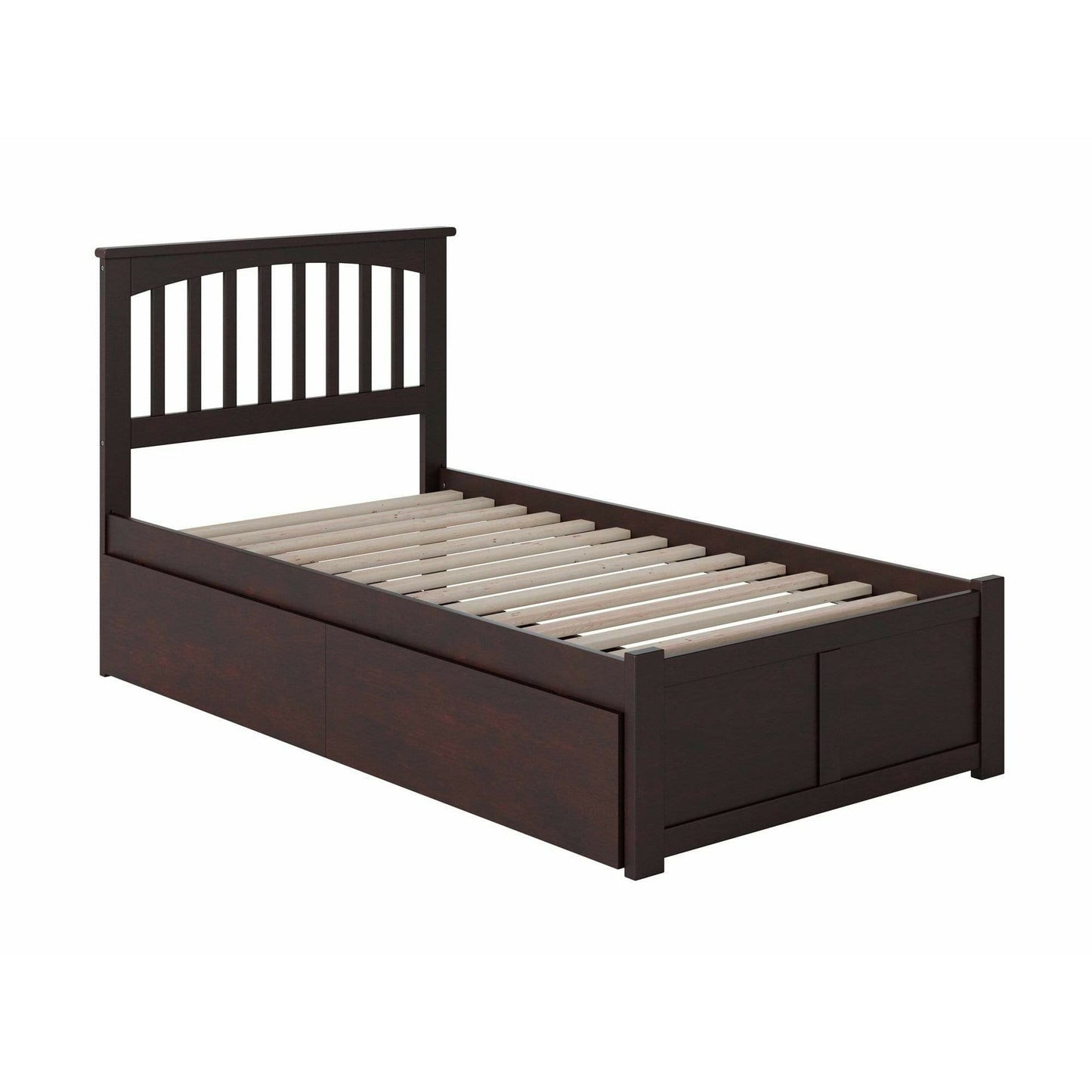 Atlantic Furniture Bed Mission Twin XL Platform Bed with Flat Panel Foot Board and 2 Urban Bed Drawers in Espresso.