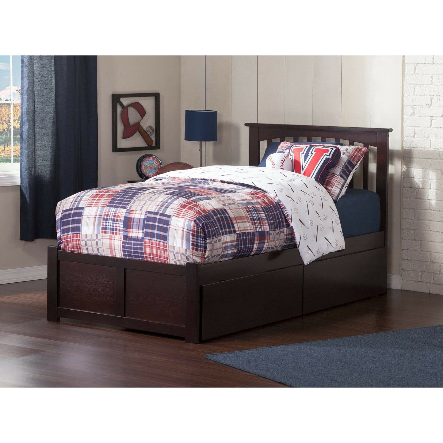 Atlantic Furniture Bed Mission Twin XL Platform Bed with Flat Panel Foot Board and 2 Urban Bed Drawers in Espresso.