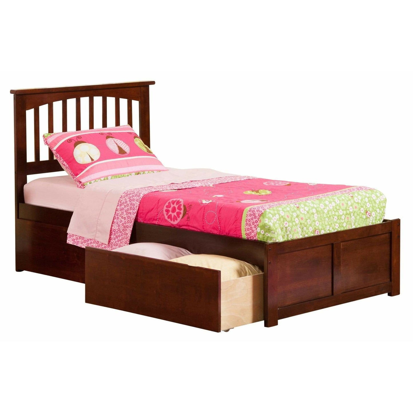 Atlantic Furniture Bed walnut Mission Twin XL Platform Bed with Flat Panel Foot Board and 2 Urban Bed Drawers in Espresso.