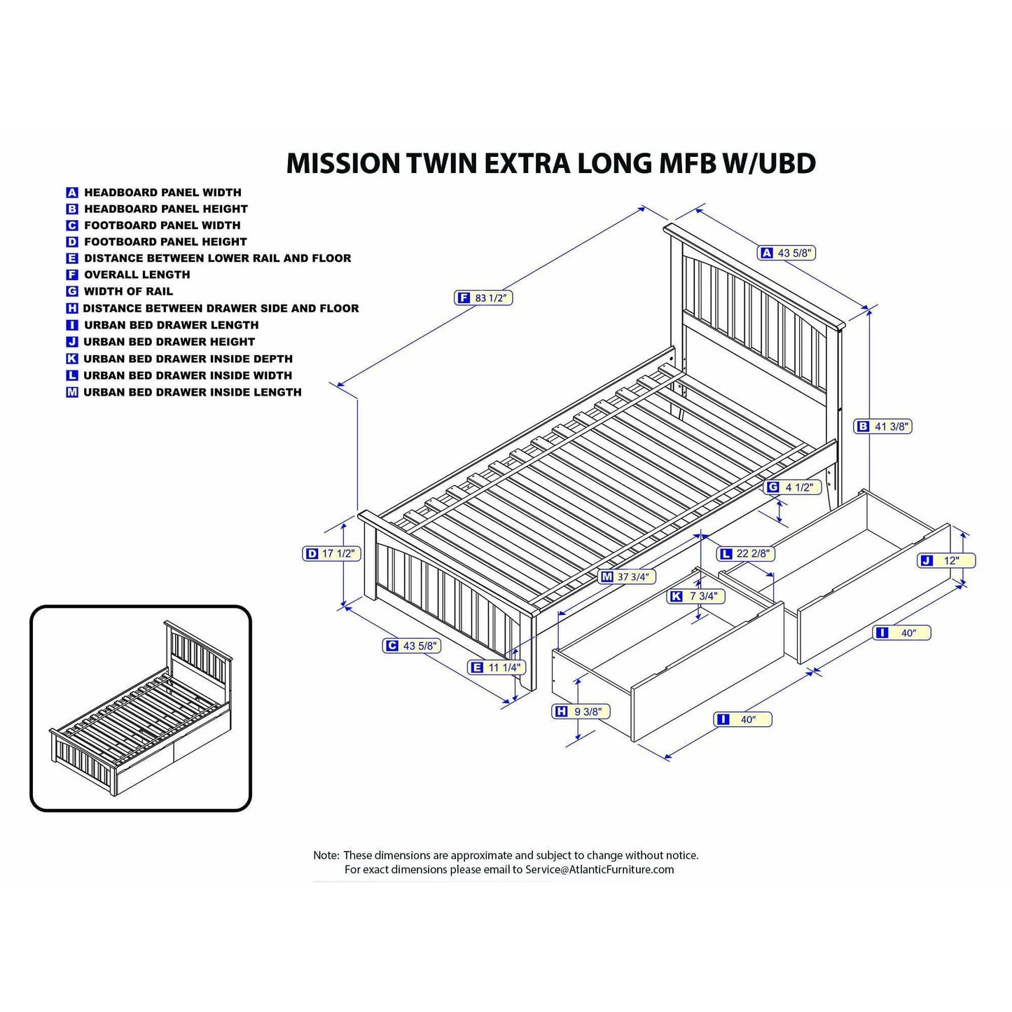 Atlantic Furniture Bed Mission Twin XL Platform Bed with Matching Foot Board with 2 Urban Bed Drawers in White