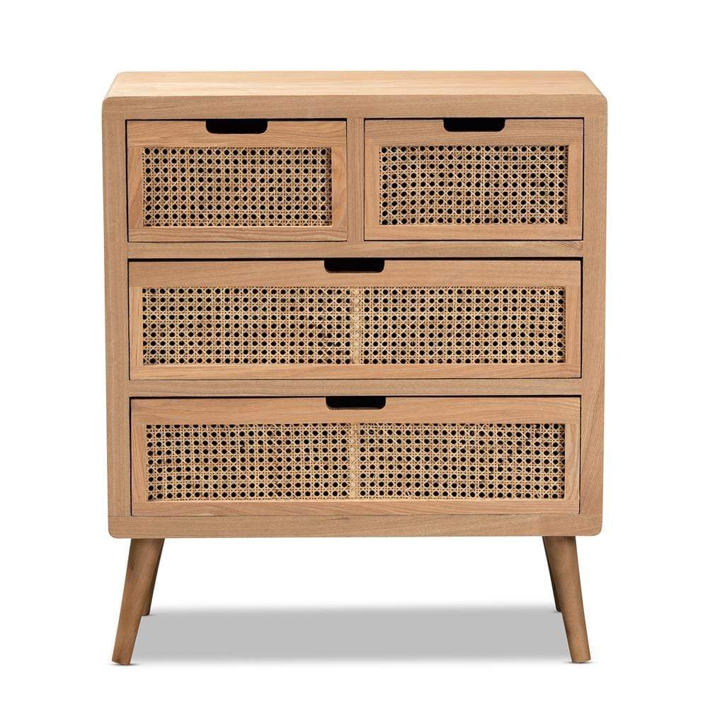 Baxton Studios Chests Baxton Studio Alina Mid-Century Modern Medium Oak Finished Wood and Rattan 4-Drawer Accent Chest