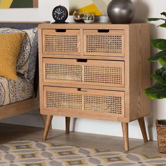 Baxton Studios Chests Baxton Studio Alina Mid-Century Modern Medium Oak Finished Wood and Rattan 4-Drawer Accent Chest