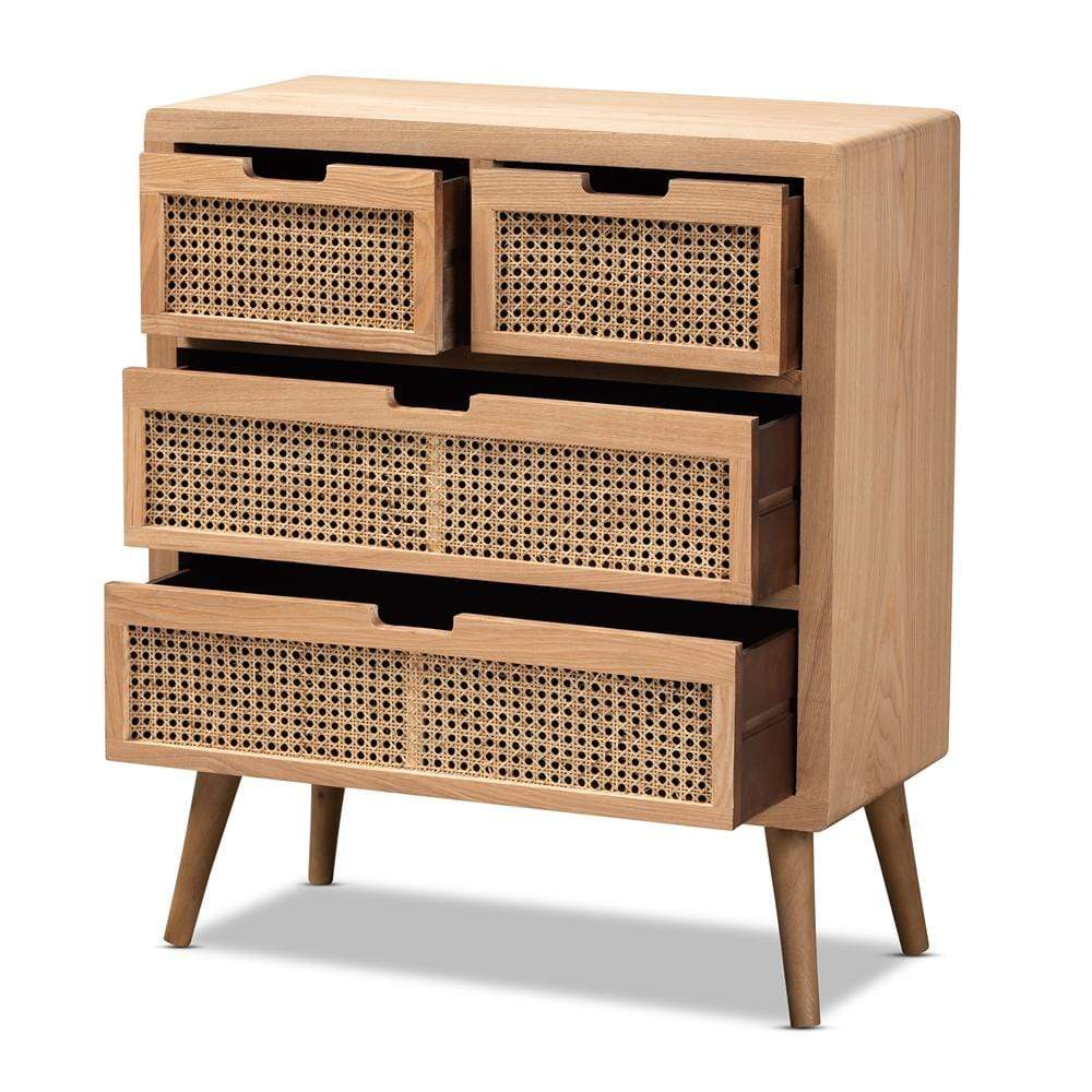 Baxton Studios Chests Baxton Studio Alina Mid-Century Modern Medium Oak Finished Wood and Rattan 4-Drawer Accent Chest