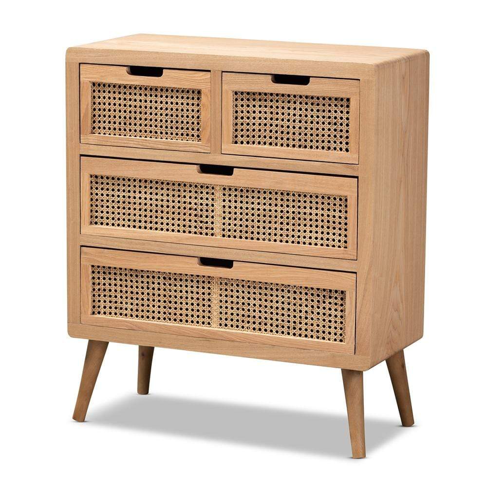 Baxton Studios Chests Baxton Studio Alina Mid-Century Modern Medium Oak Finished Wood and Rattan 4-Drawer Accent Chest