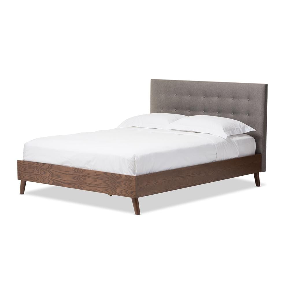 The Bedroom Emporium Baxton studio Alinia Mid-Century Retro Modern Grey Fabric Upholstered Walnut Wood Queen Size Platform Bed