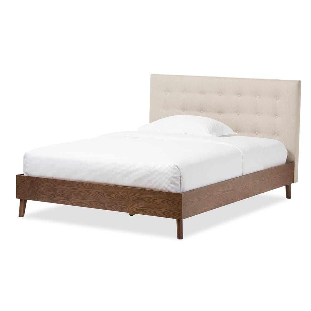 Baxton Studios Bed Baxton Studio Alinia Mid-Century Retro Modern Light Beige Fabric Upholstered Walnut Wood Queen Size Platform Bed