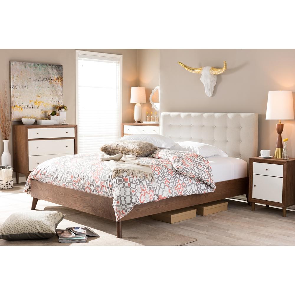 Baxton Studios Bed Queen Baxton Studio Alinia Mid-Century Retro Modern Light Beige Fabric Upholstered Walnut Wood Queen Size Platform Bed