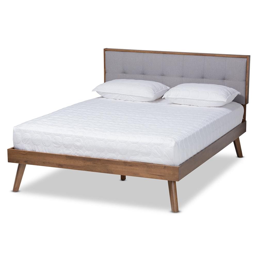 Baxton Studios Beds Light Grey / King / Walnut Brown Baxton Studio Alke Mid-Century Modern Fabric Upholstered Wood Platform Bed