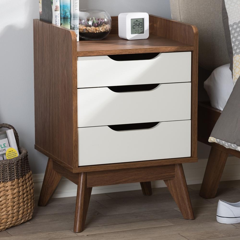 The Bedroom Emporium Baxton Studio Brighton Mid-Cenury Modern White and Walnut Wood 3-Drawer Storage Nightstand