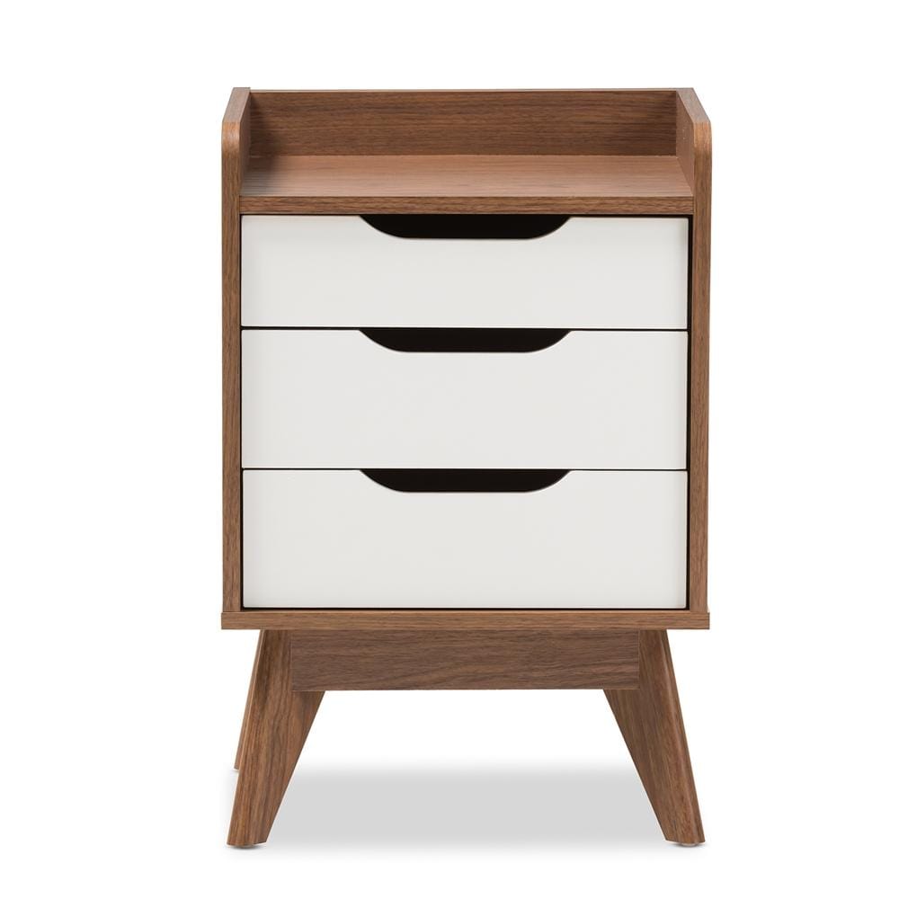 The Bedroom Emporium Baxton Studio Brighton Mid-Cenury Modern White and Walnut Wood 3-Drawer Storage Nightstand