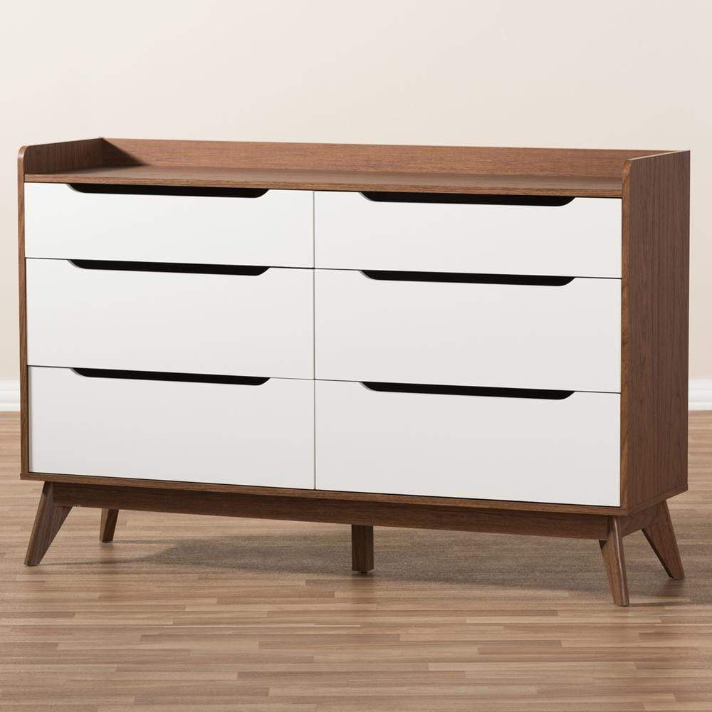 The Bedroom Emporium Baxton Studio Brighton Mid-Century Modern and Walnut Wood 6-Drawer Storage Dresser Brighton-Walnut/White-6DW-Chest