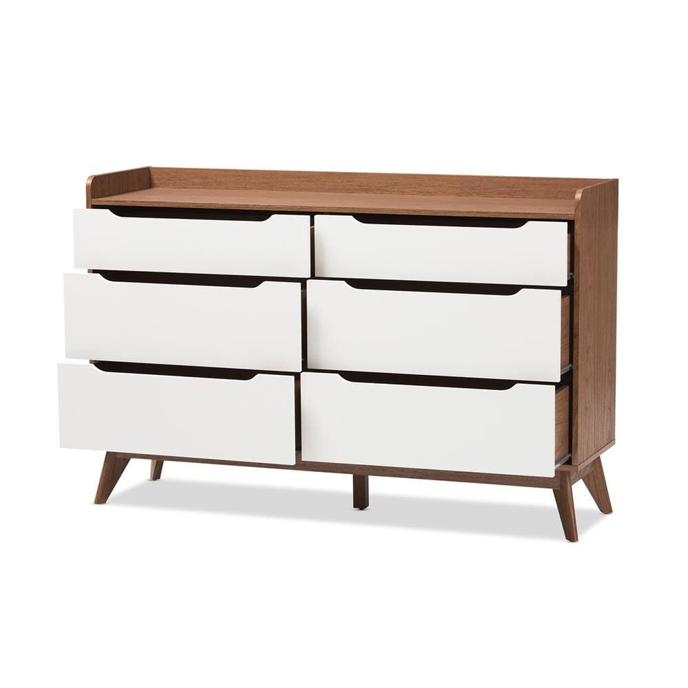 The Bedroom Emporium Baxton Studio Brighton Mid-Century Modern and Walnut Wood 6-Drawer Storage Dresser Brighton-Walnut/White-6DW-Chest