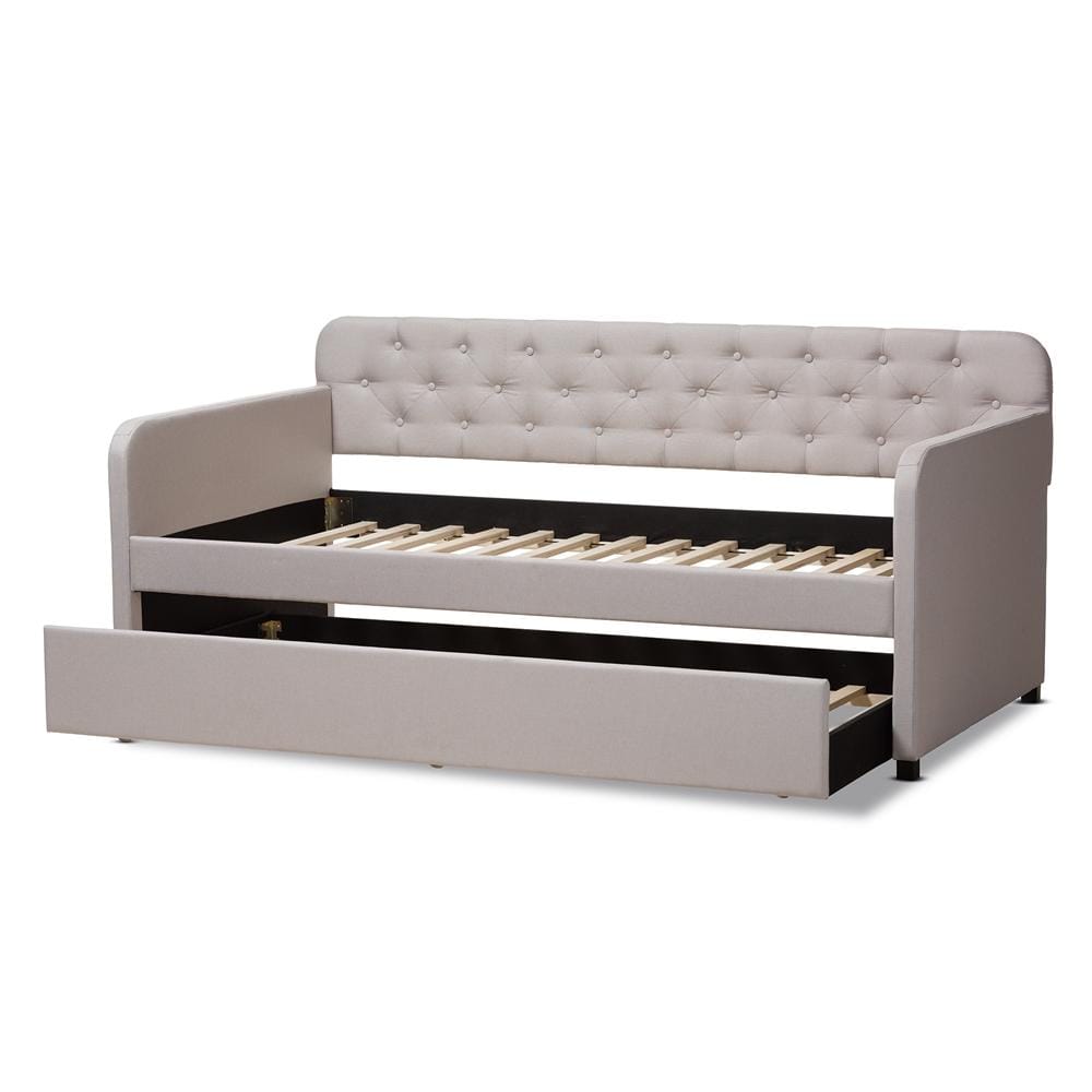 Baxton Studios Daybed Baxton Studio Camelia Modern and Contemporary Beige Fabric Upholstered Button-Tufted Twin Size Sofa Daybed with Roll-out Trundle Guest Bed