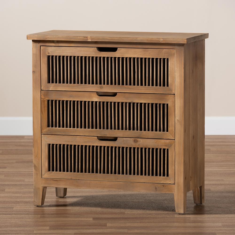 Baxton Studios Chests Baxton Studio Clement Rustic Transitional Medium Oak Finished 3 Drawer Wood Spindle Chest