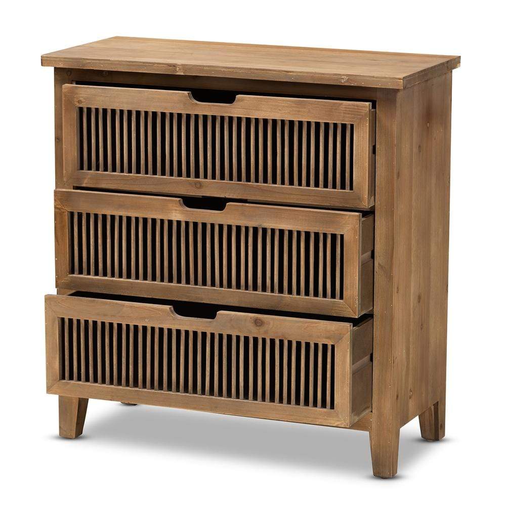 Baxton Studios Chests Baxton Studio Clement Rustic Transitional Medium Oak Finished 3 Drawer Wood Spindle Chest