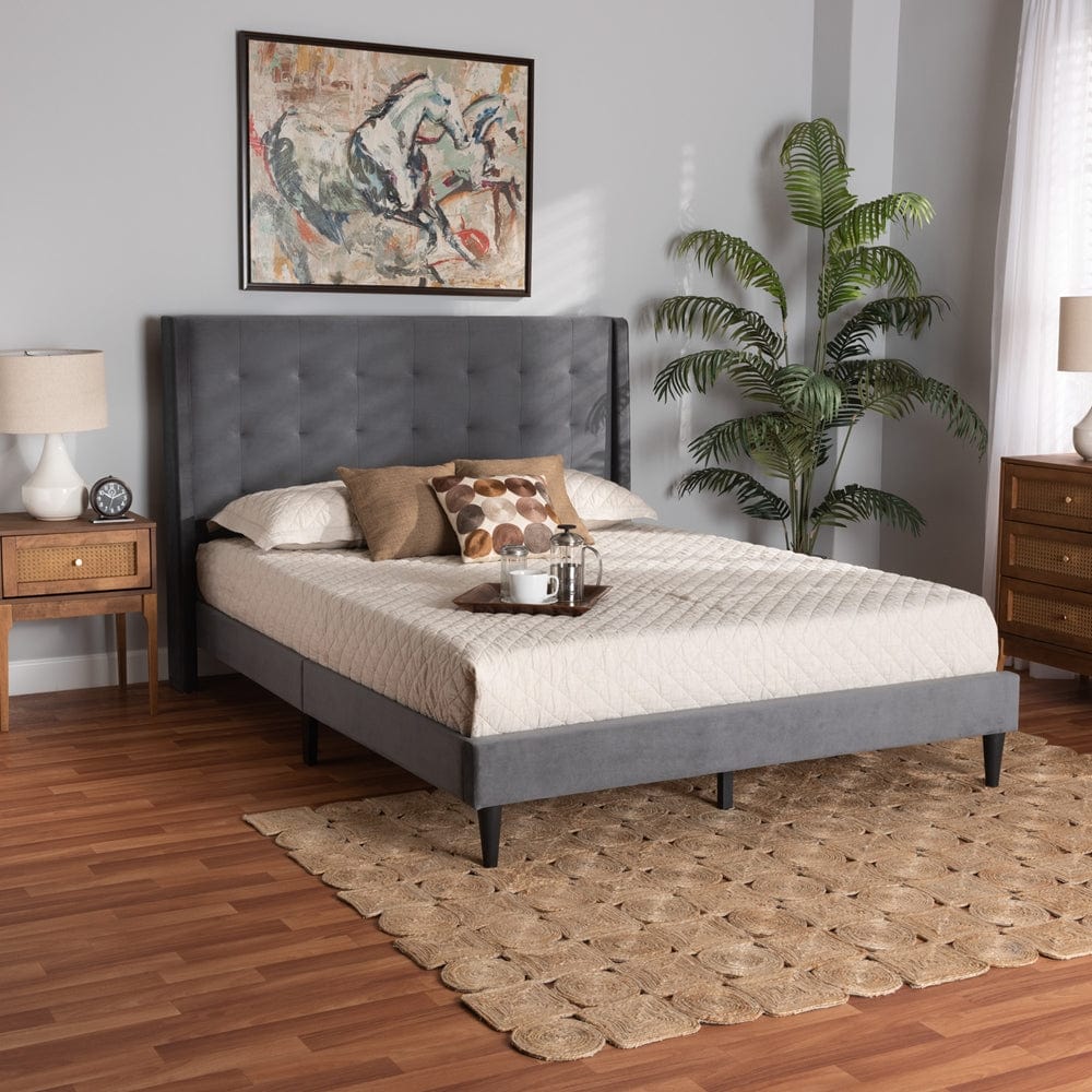 Baxton Studio Baxton Studio Gothard Modern and Contemporary Grey Velvet Fabric Upholstered and Dark Brown Finished Wood Platform Bed