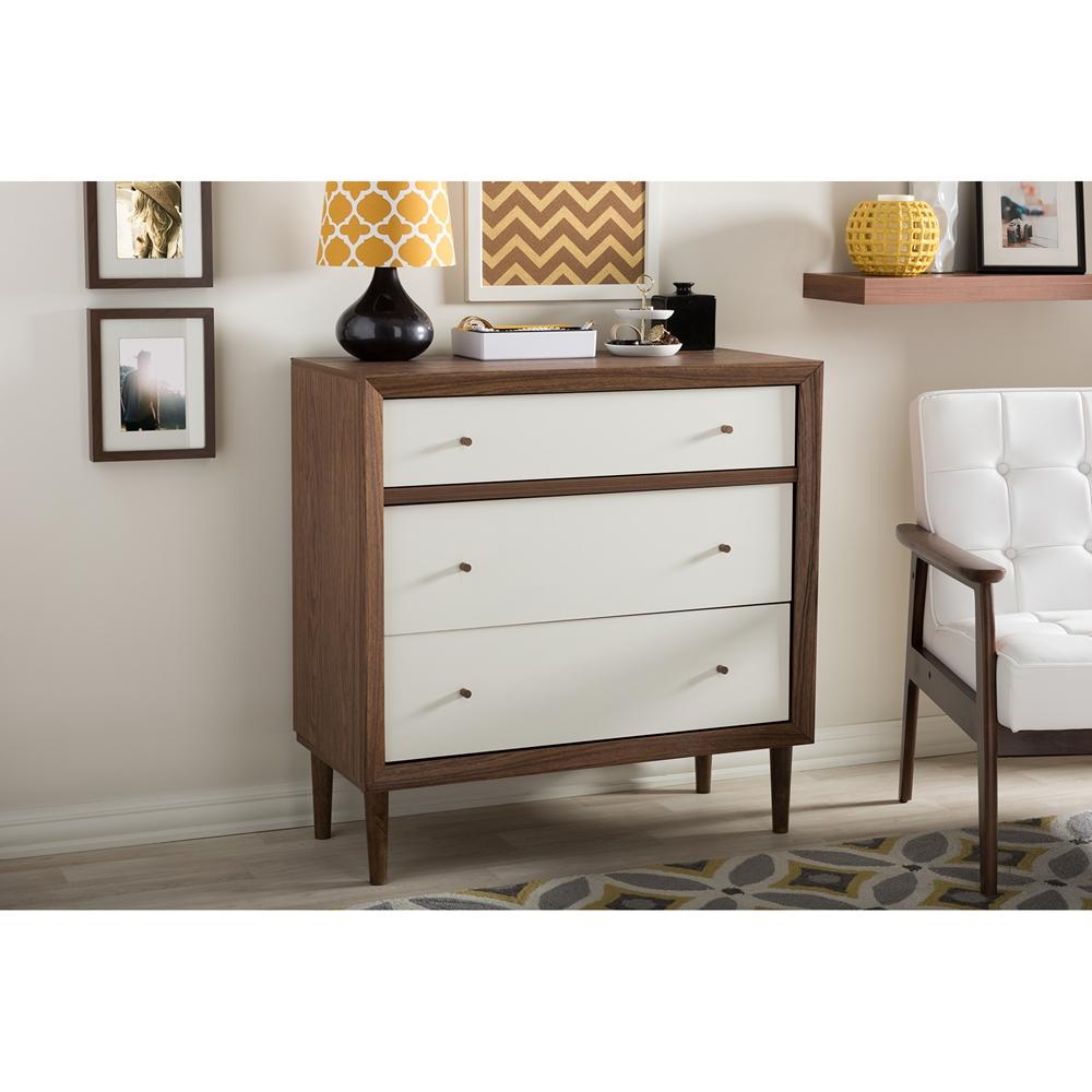 The Bedroom Emporium Baxton Studio Harlow Mid-Century Modern Scandinavian Style White and Walnut Wood 3-Drawer Chest