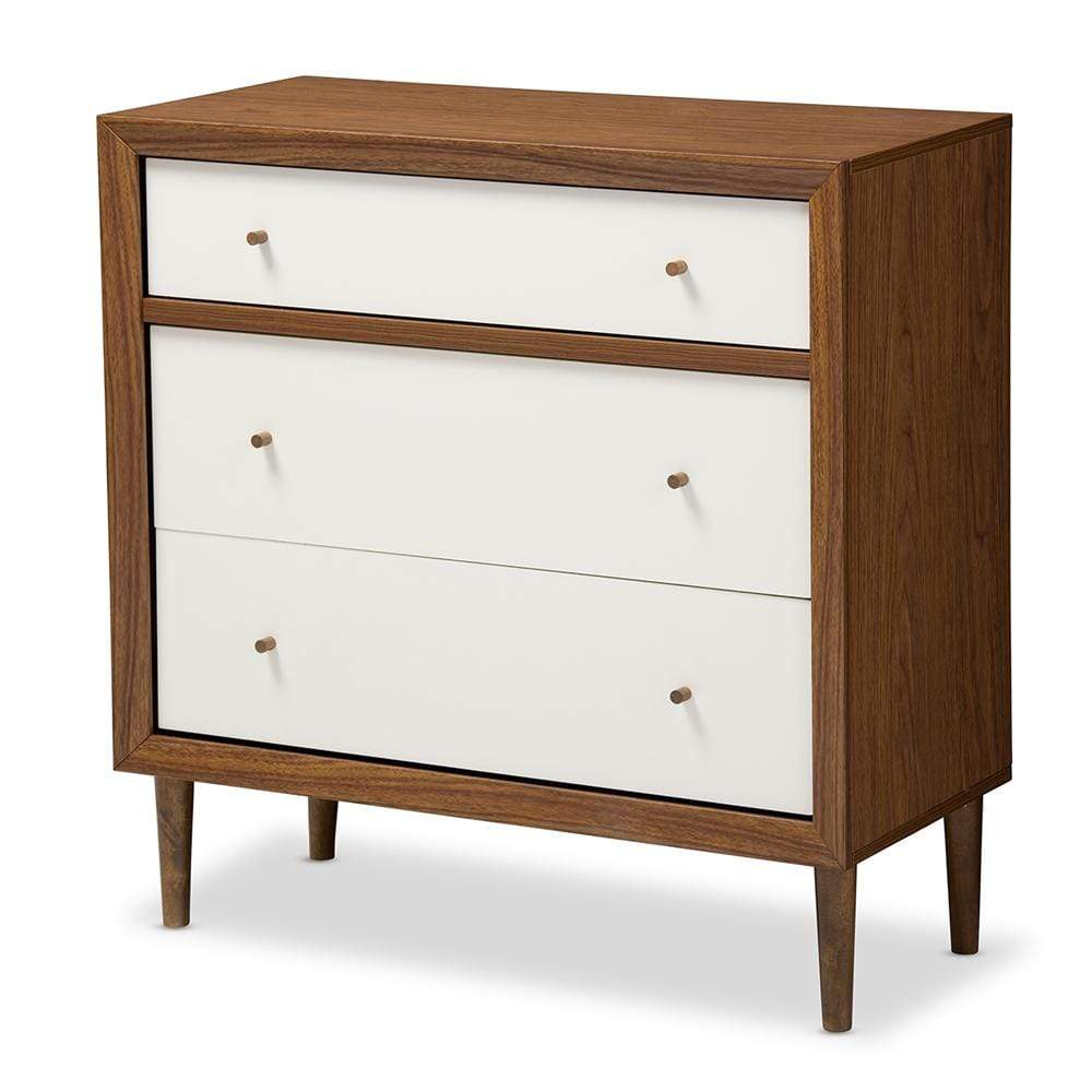 The Bedroom Emporium Baxton Studio Harlow Mid-Century Modern Scandinavian Style White and Walnut Wood 3-Drawer Chest