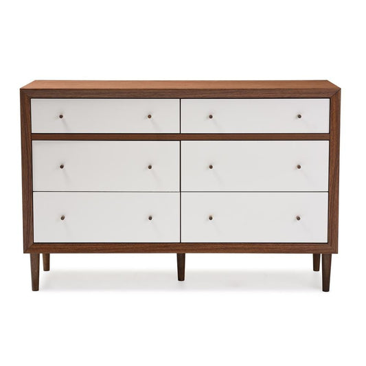 The Bedroom Emporium Baxton Studio Harlow Mid-Century Modern Scandinavian Style White and Walnut Wood 6-Drawer Storage Dresser