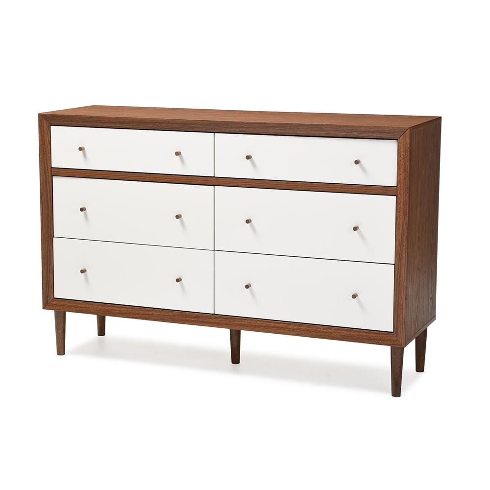 The Bedroom Emporium Baxton Studio Harlow Mid-Century Modern Scandinavian Style White and Walnut Wood 6-Drawer Storage Dresser