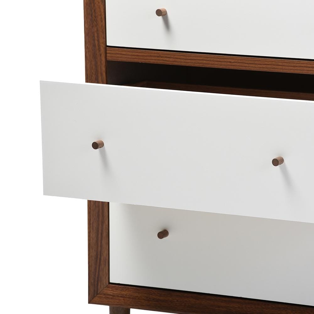 The Bedroom Emporium Baxton Studio Harlow Mid-Century Modern Scandinavian Style White and Walnut Wood 6-Drawer Storage Dresser