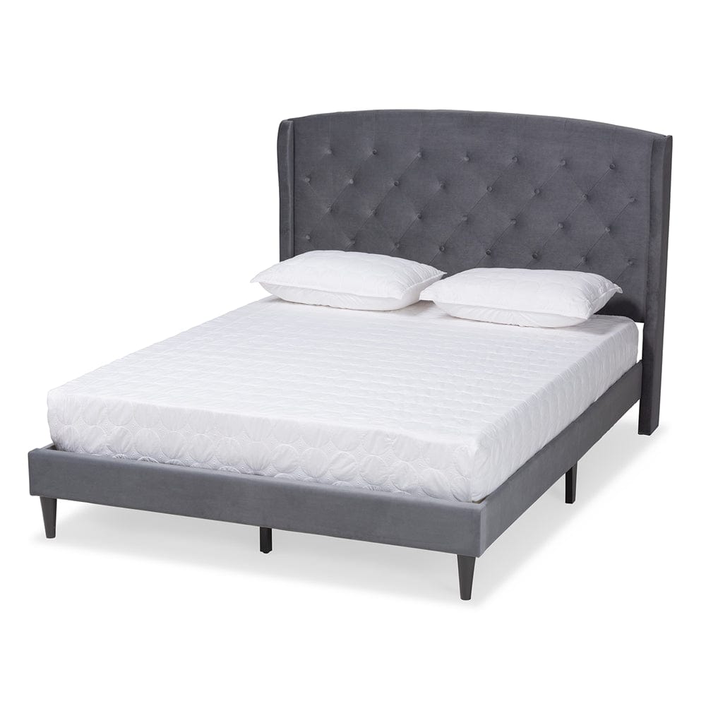 Baxton Studio Baxton Studio Joanna Modern and Contemporary Grey Velvet Fabric Upholstered and Dark Brown Finished Wood Platform Bed Queen DV20812-Grey Velvet-Queen