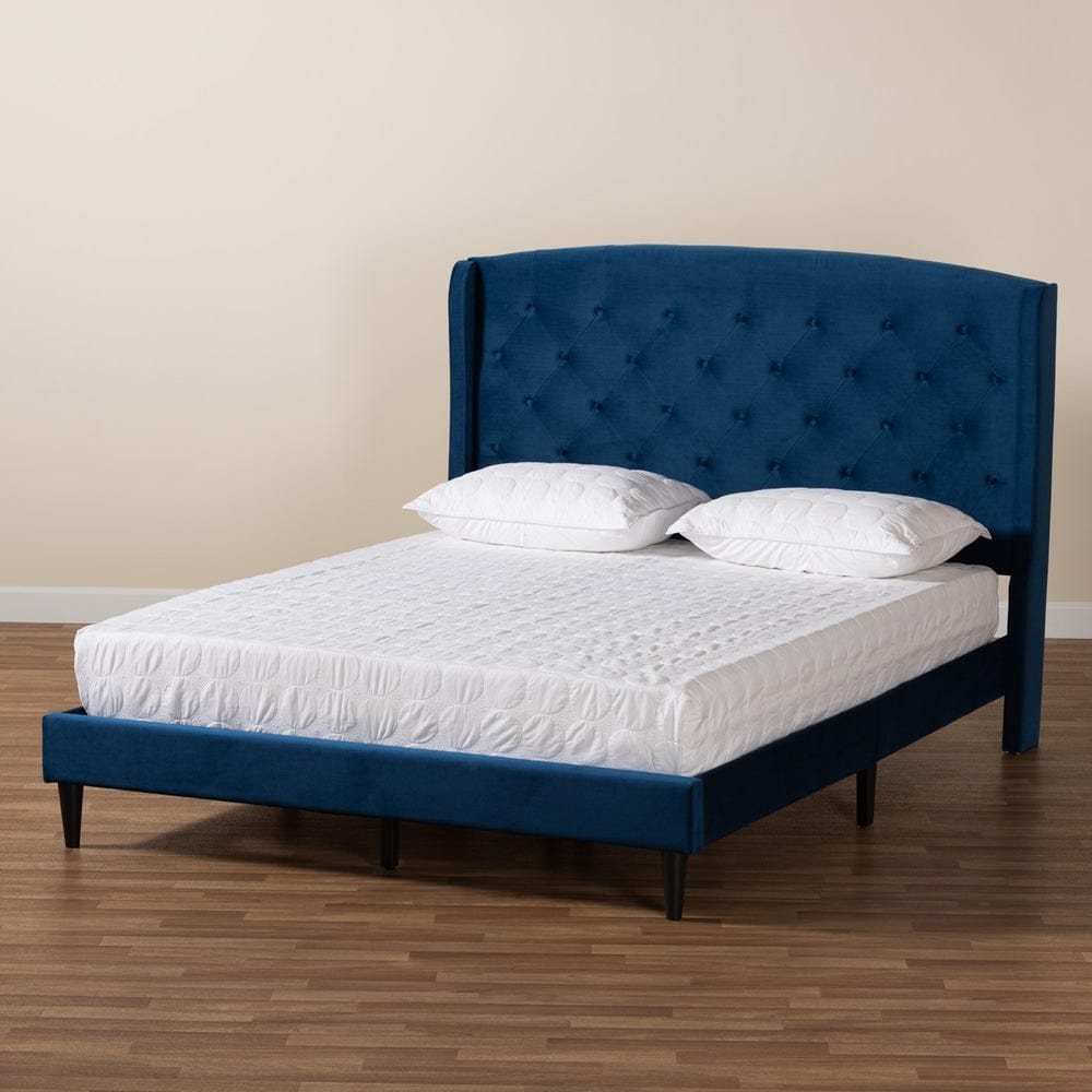 Baxton Studio Baxton Studio Joanna Modern and Contemporary Navy Blue Velvet Fabric Upholstered and Dark Brown Finished Wood Platform Bed