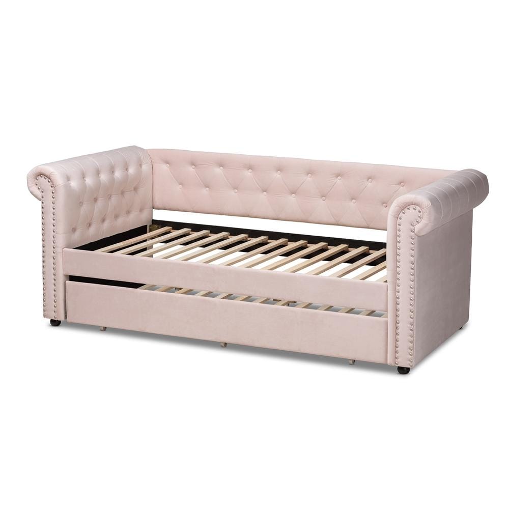 Baxton Studios Daybed Baxton Studio Mabelle Modern and Contemporary Light Pink Velvet Upholstered Daybed with Trundle