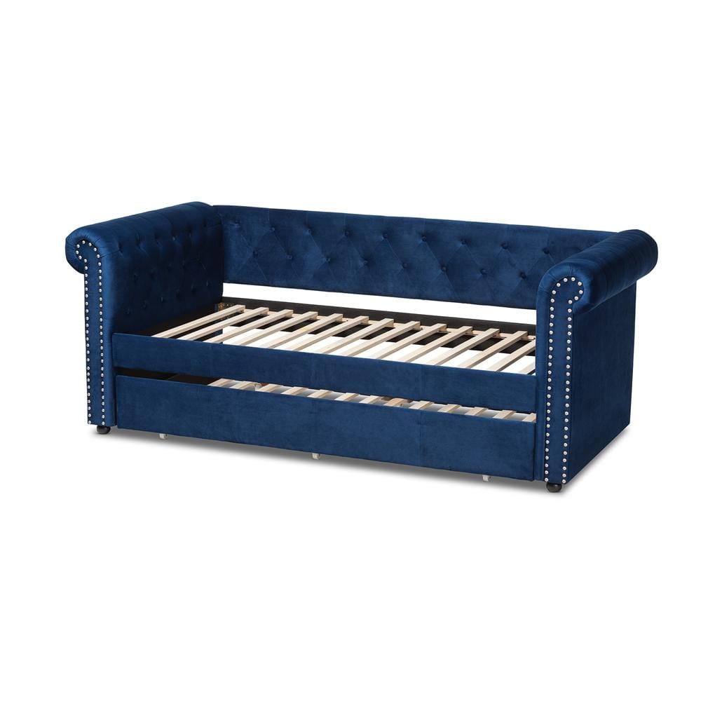 Baxton Studios Daybed Baxton Studio Mabelle Modern and Contemporary Navy Blue Velvet Upholstered Daybed with Trundle