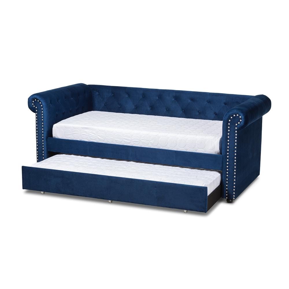 Baxton Studios Daybed Baxton Studio Mabelle Modern and Contemporary Navy Blue Velvet Upholstered Daybed with Trundle