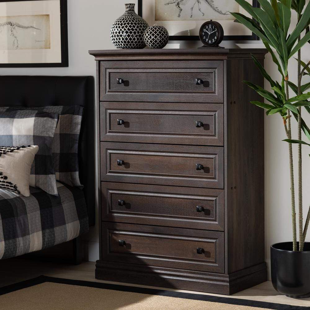 Baxton Studios Chests Baxton Studio Nolan Traditional Transitional Hazel Walnut Brown Finished 5-Drawer Wood Chest