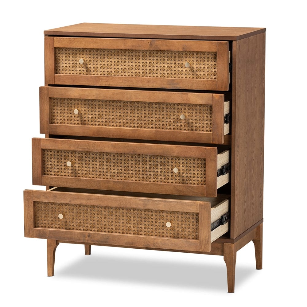 Baxton Studio Baxton Studio Ramiel Mid-Century Modern Ash Walnut Finished Wood and Rattan 4-Drawer Chest MG9005-Ash Walnut/Rattan-4DW-Chest