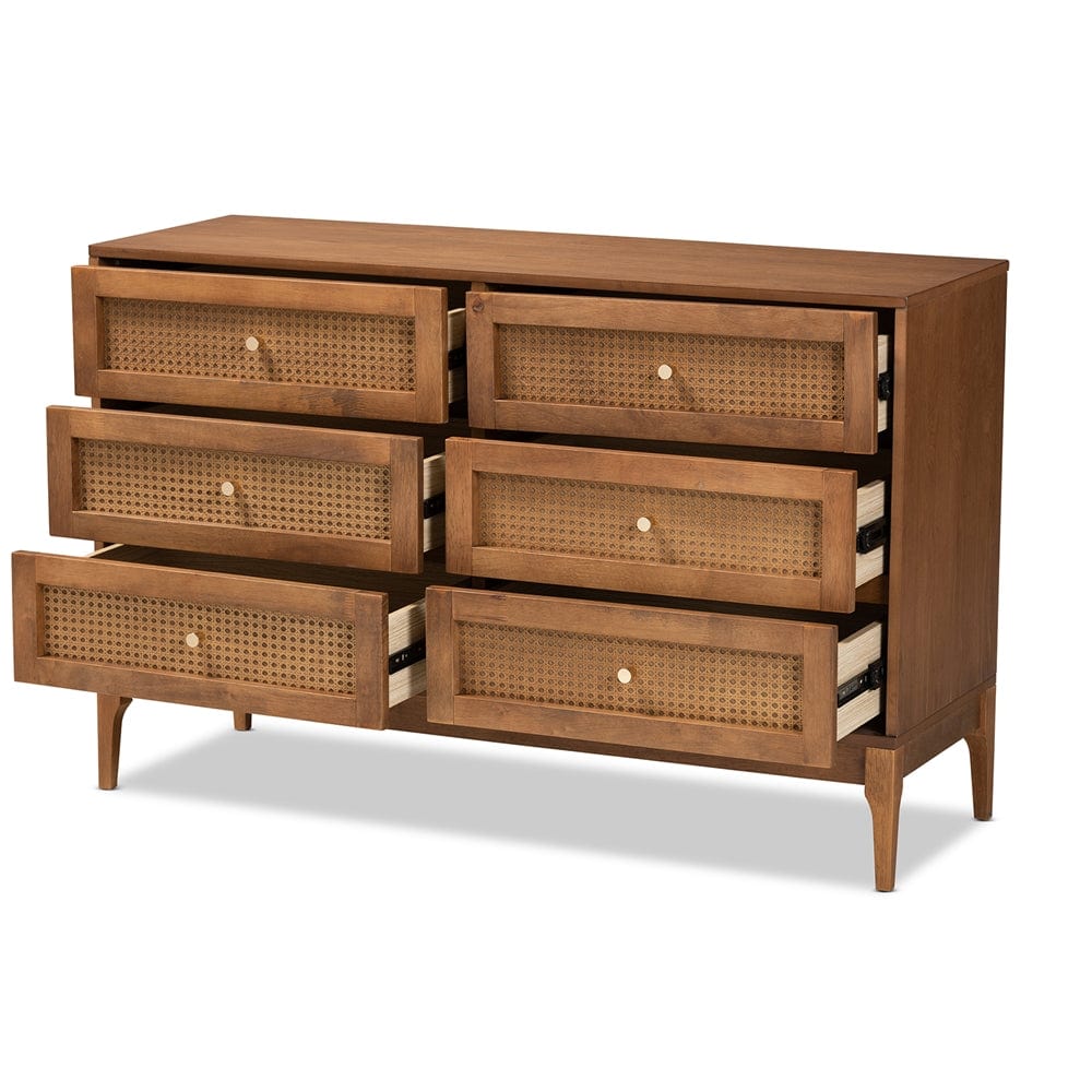 Baxton Studio Baxton Studio Ramiel Mid-Century Modern Ash Walnut Finished Wood and Rattan 6-Drawer Dresser MG9005-Ash Walnut/Rattan-6DW-Dresser