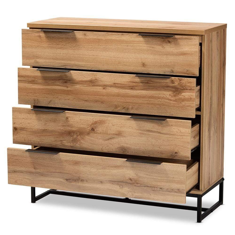 Baxton Studios Dresser Baxton Studio Reid Modern and Contemporary Industrial Oak Finished Wood and Black Metal 4-Drawer Dresser