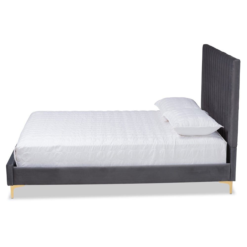 Baxton Studio Baxton Studio Serrano Grey Velvet Fabric and Gold Metal Queen Platform Bed