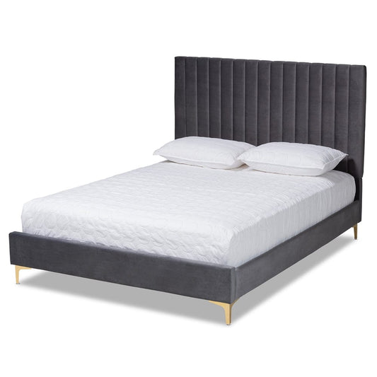 Baxton Studio Baxton Studio Serrano Grey Velvet Fabric and Gold Metal Queen Platform Bed Queen BBT61079.11-Grey Velvet/Gold-Queen