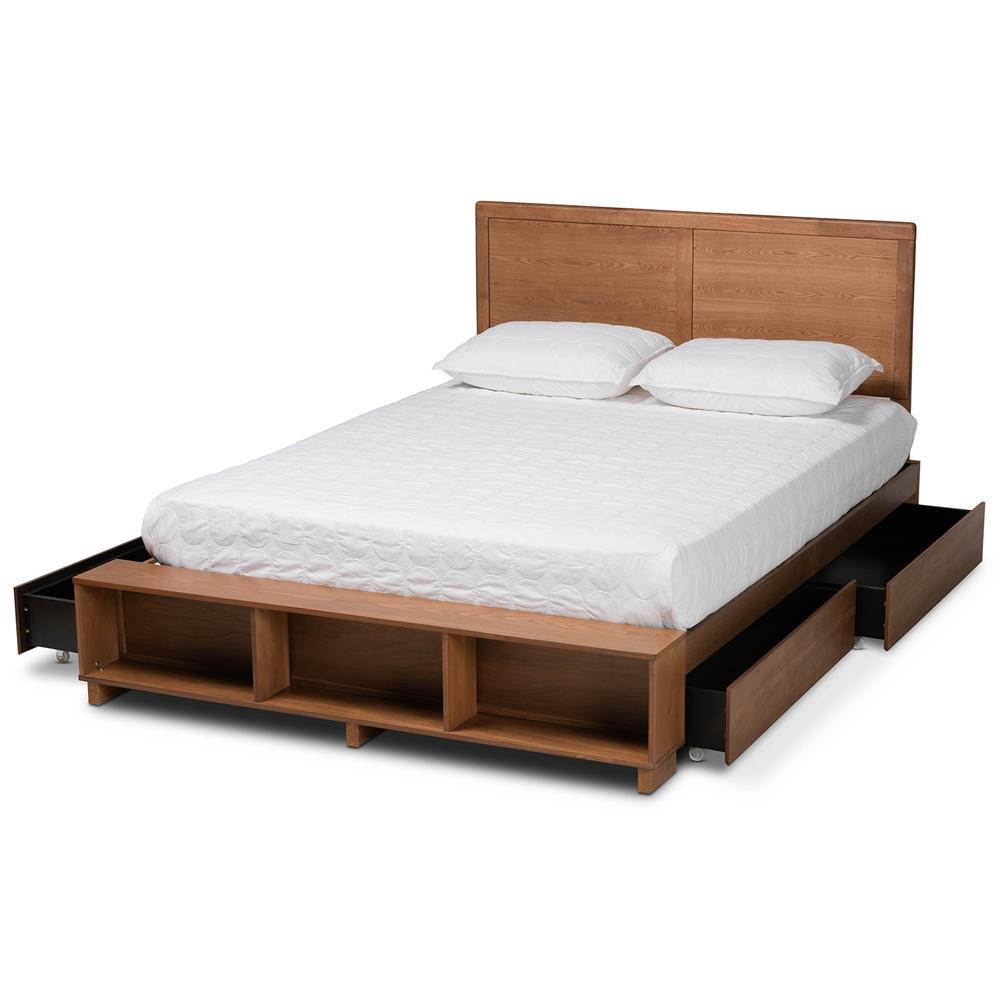 Baxton Studios Bed Baxton Studio Tamsin Modern Transitional Ash Walnut Brown Finished Wood Queen Size 4-Drawer Platform Storage Bed with Built-in Shelves