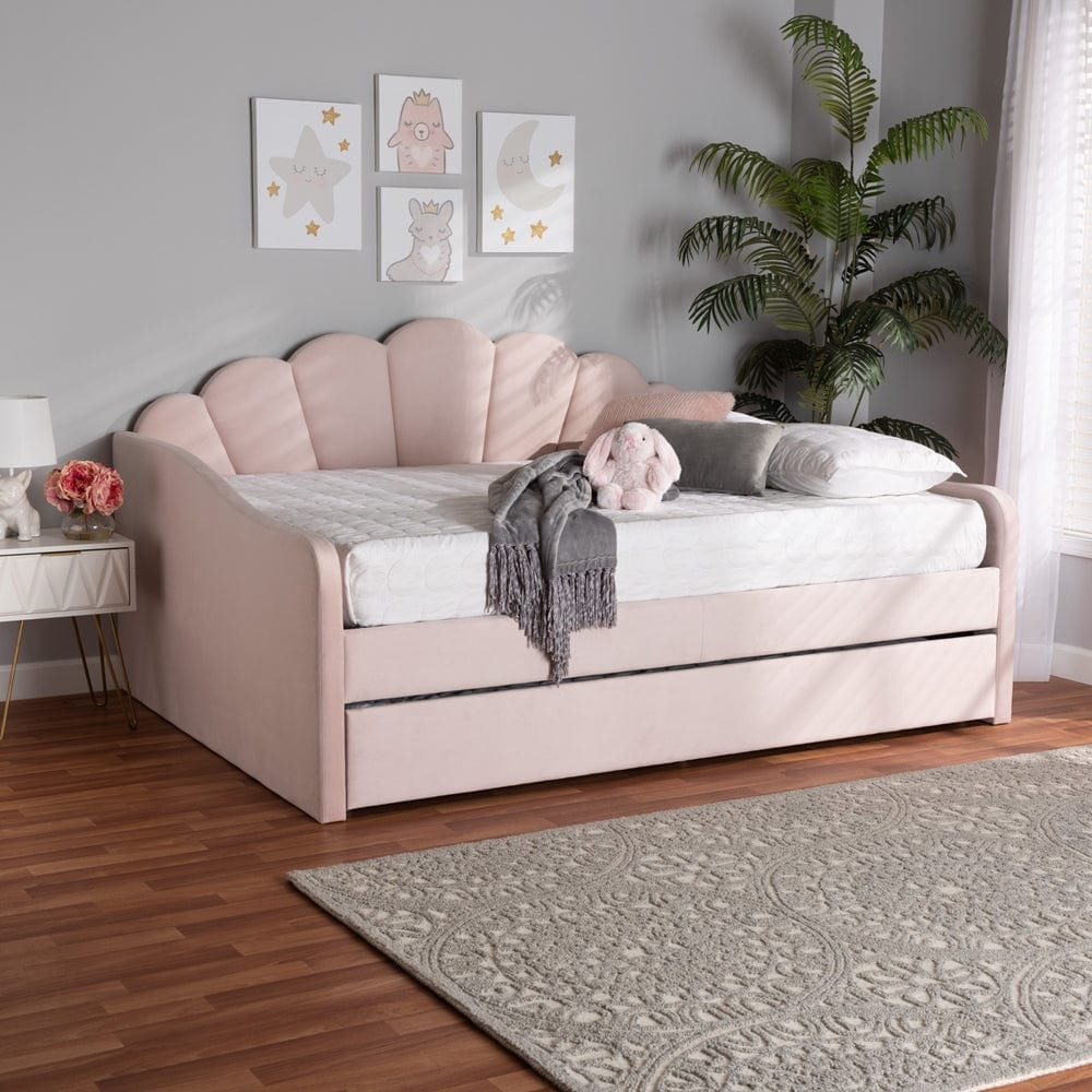 Baxton Studio Baxton Studio Timila Modern and Contemporary Light Pink Velvet Fabric Upholstered Queen Size Daybed with Trundle BBT61047T-Light Pink Velvet-Daybed-Q/T