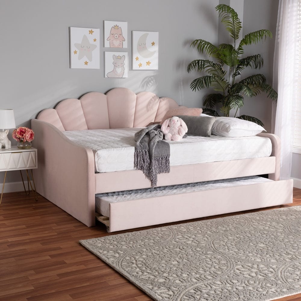 Baxton Studio Baxton Studio Timila Modern and Contemporary Light Pink Velvet Fabric Upholstered Queen Size Daybed with Trundle BBT61047T-Light Pink Velvet-Daybed-Q/T