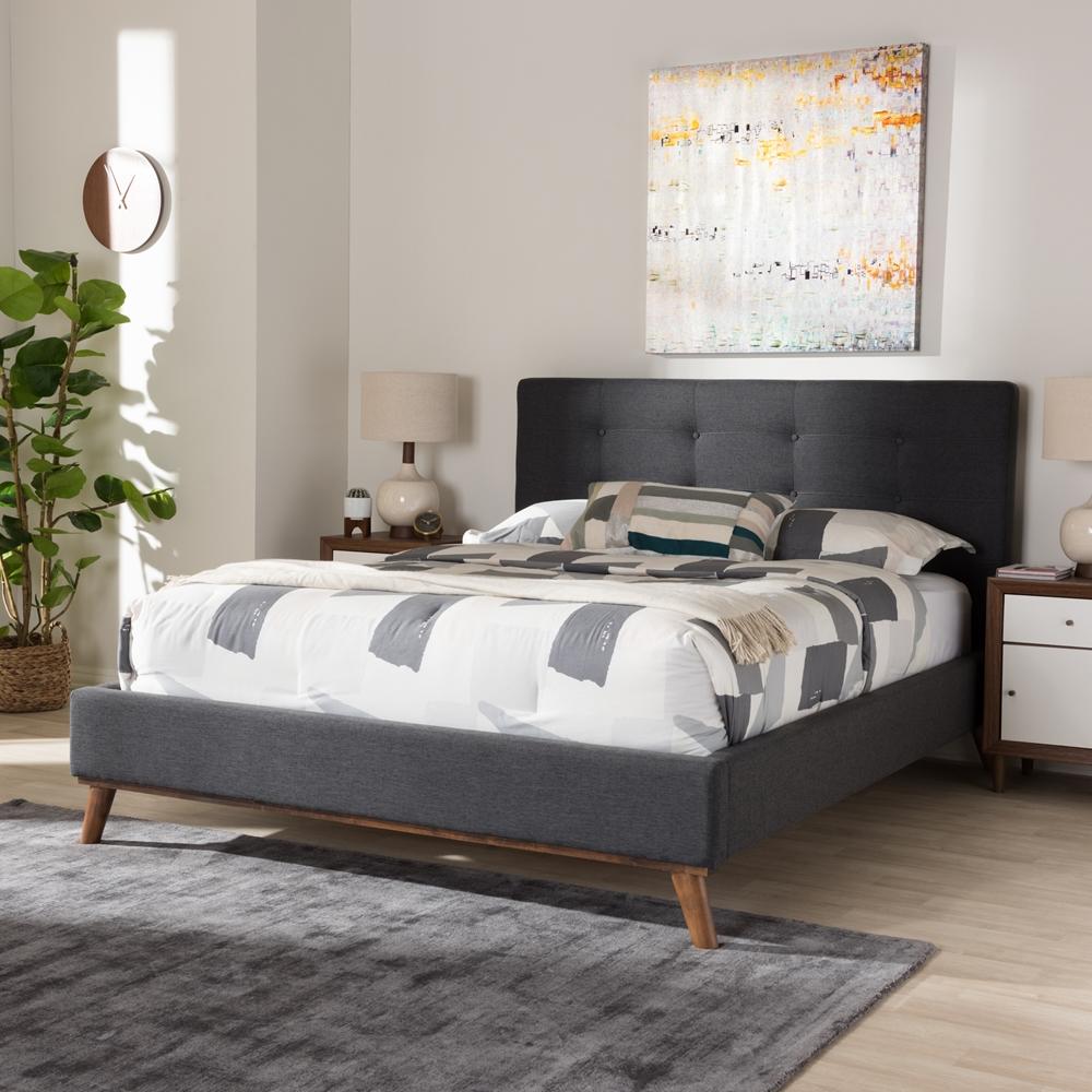 Baxton Studios Bed queen Baxton Studio Valencia Mid-Century Modern Dark Grey Fabric Queen Size Platform Bed