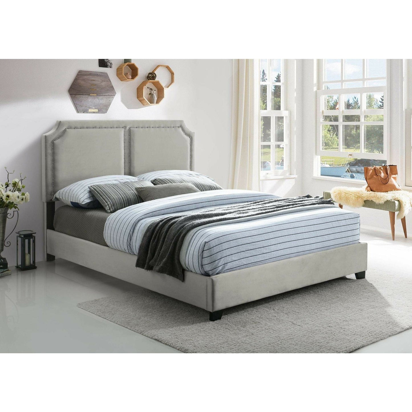 MYCO Bed Kimberly Nailhead Queen Bed, Gray